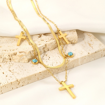 Turquoise 18K Gold-Plated Stainless Steel Double-Layer Necklace with Rhinestone Cross, Multi-Layer Clavicle Chain