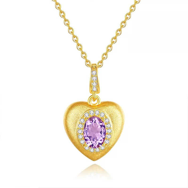 Brushed S925 Sterling Silver Heart Necklace with Natural Gemstone Inlay