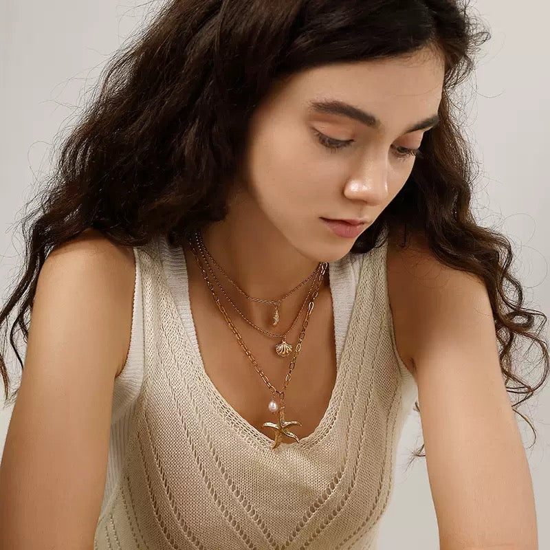 18K Gold Three-Layer Pearl and Starfish Pendant Necklace, Unique Design, Vintage Shell and Conch Stainless Steel Necklace