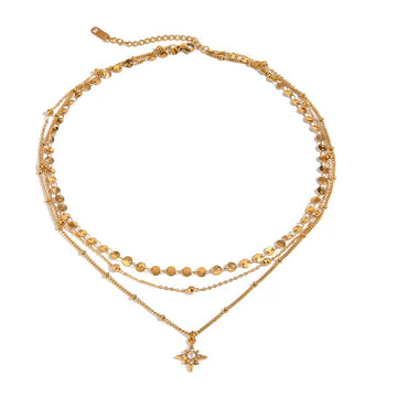 18K Gold-Plated Stainless Steel Three-Layer Necklace with Rhinestone Four-Point Star Pendant, Minimalist Luxury Titanium Steel          询问 ChatGPT