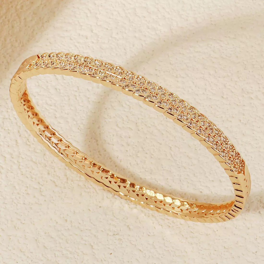 Luxury Feel Gold-Tone Copper Bracelet with Zircon Stones