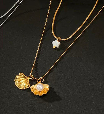 14K Gold Double-Layer Pearl and Shell Stainless Steel Necklace for Women, INS Style, Unique Design, Versatile Pentagram Pendant