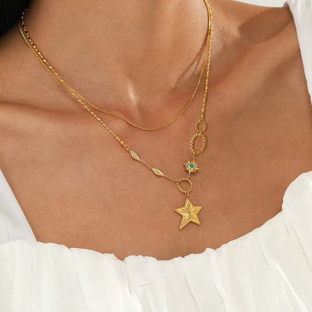 14K Gold Double-Layer Stainless Steel Necklace with Pentagram Pendant, Geometric Clavicle Chain for Women – INS-Inspired Unique Design