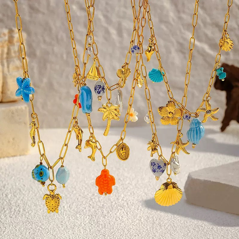 18K Gold Ocean-Inspired Stainless Steel Necklace with Starfish, Shell, Turtle, Seahorse, and Fish Pendants, Women's Clavicle Chain