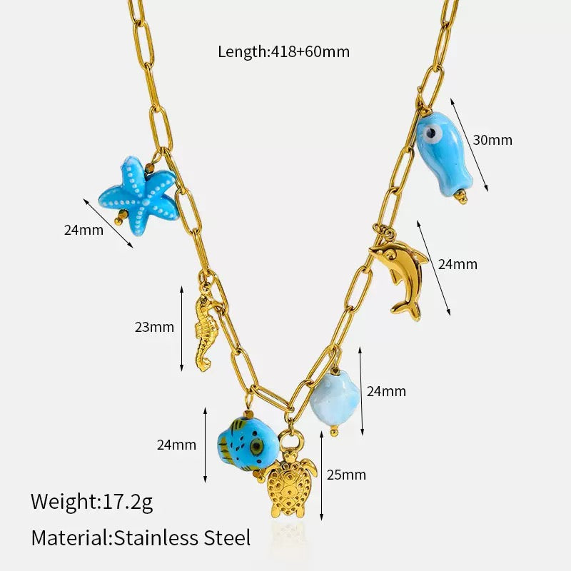 18K Gold Ocean-Inspired Stainless Steel Necklace with Starfish, Shell, Turtle, Seahorse, and Fish Pendants, Women's Clavicle Chain