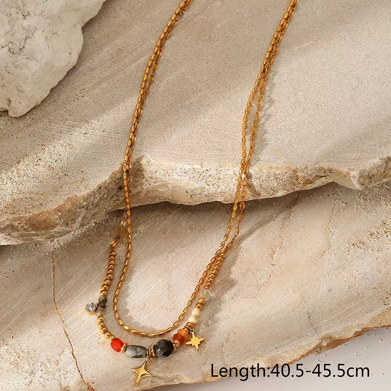 European and American Style Multi-Layer Colorful Natural Stone Star and Sun Pendant Necklace for Women, Fashionable Versatile Gold-Plated Clavicle Chain          询问 ChatGPT