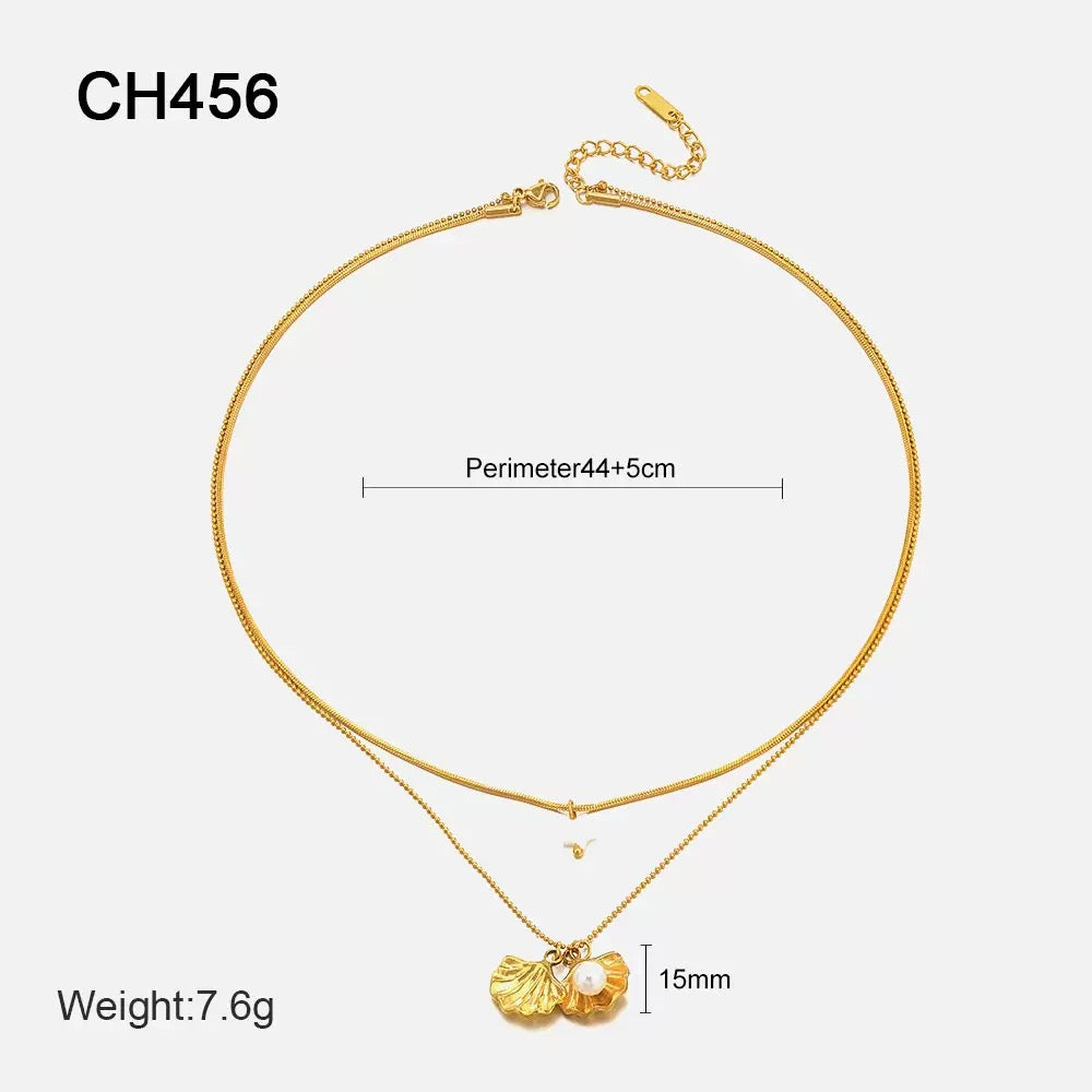 14K Gold Double-Layer Pearl and Shell Stainless Steel Necklace for Women, INS Style, Unique Design, Versatile Pentagram Pendant