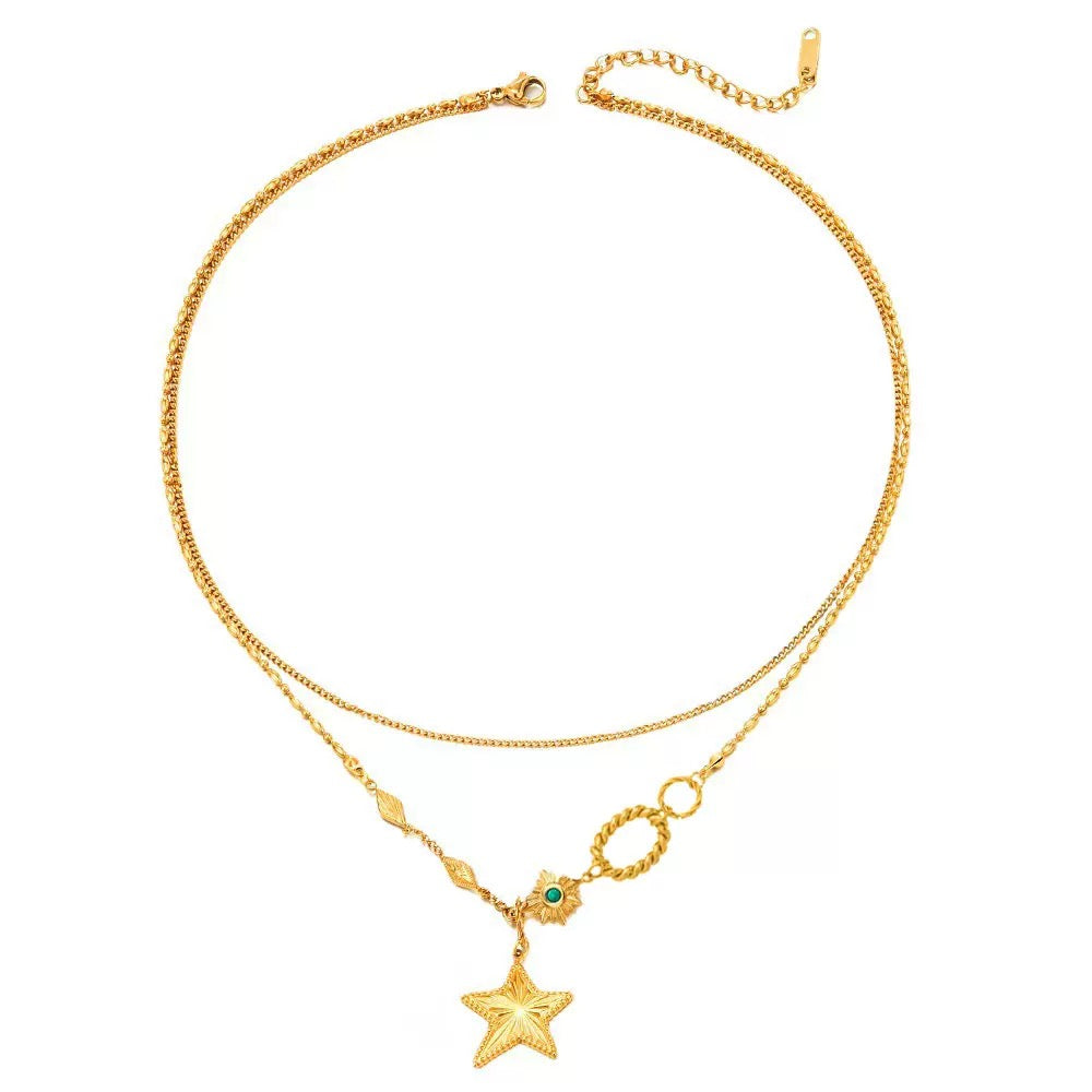 14K Gold Double-Layer Stainless Steel Necklace with Pentagram Pendant, Geometric Clavicle Chain for Women – INS-Inspired Unique Design