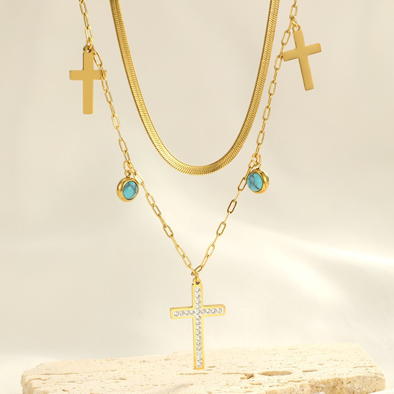Turquoise 18K Gold-Plated Stainless Steel Double-Layer Necklace with Rhinestone Cross, Multi-Layer Clavicle Chain
