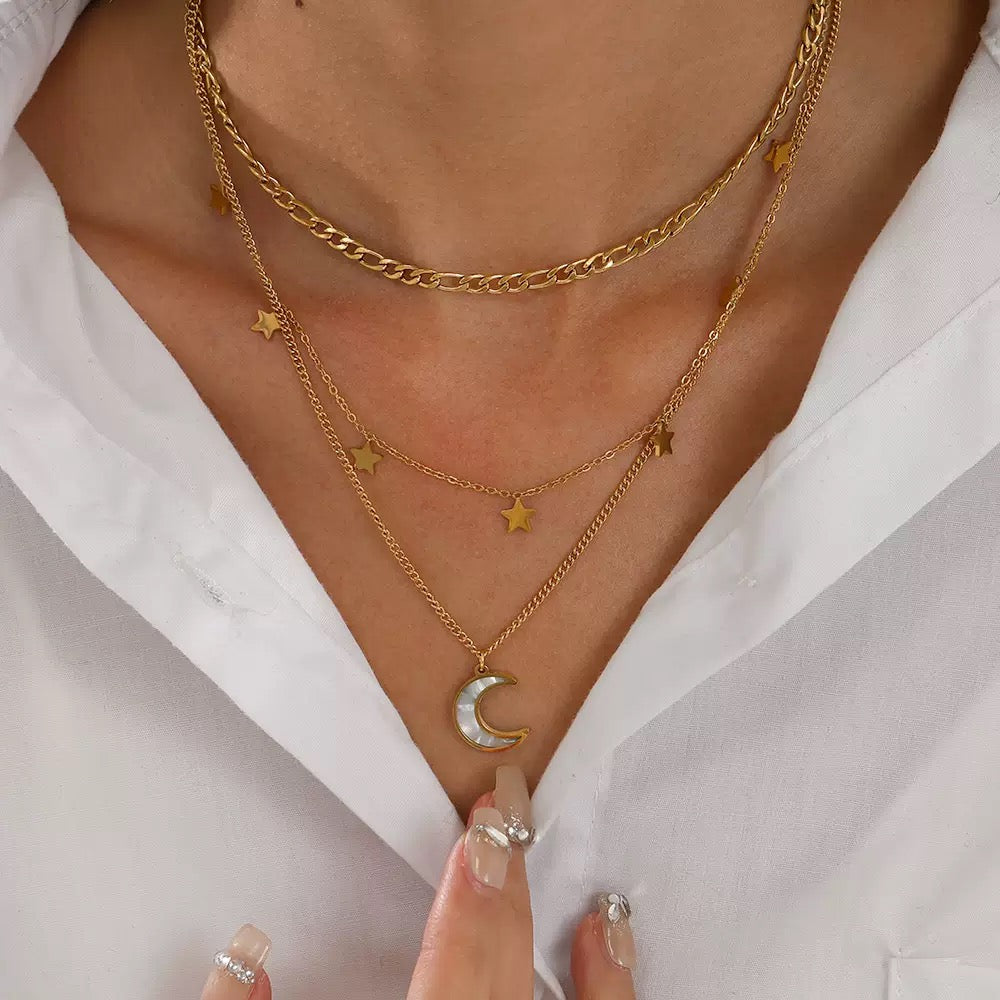 Three-Layer 18K Gold-Plated Stainless Steel Star and Moon Necklace